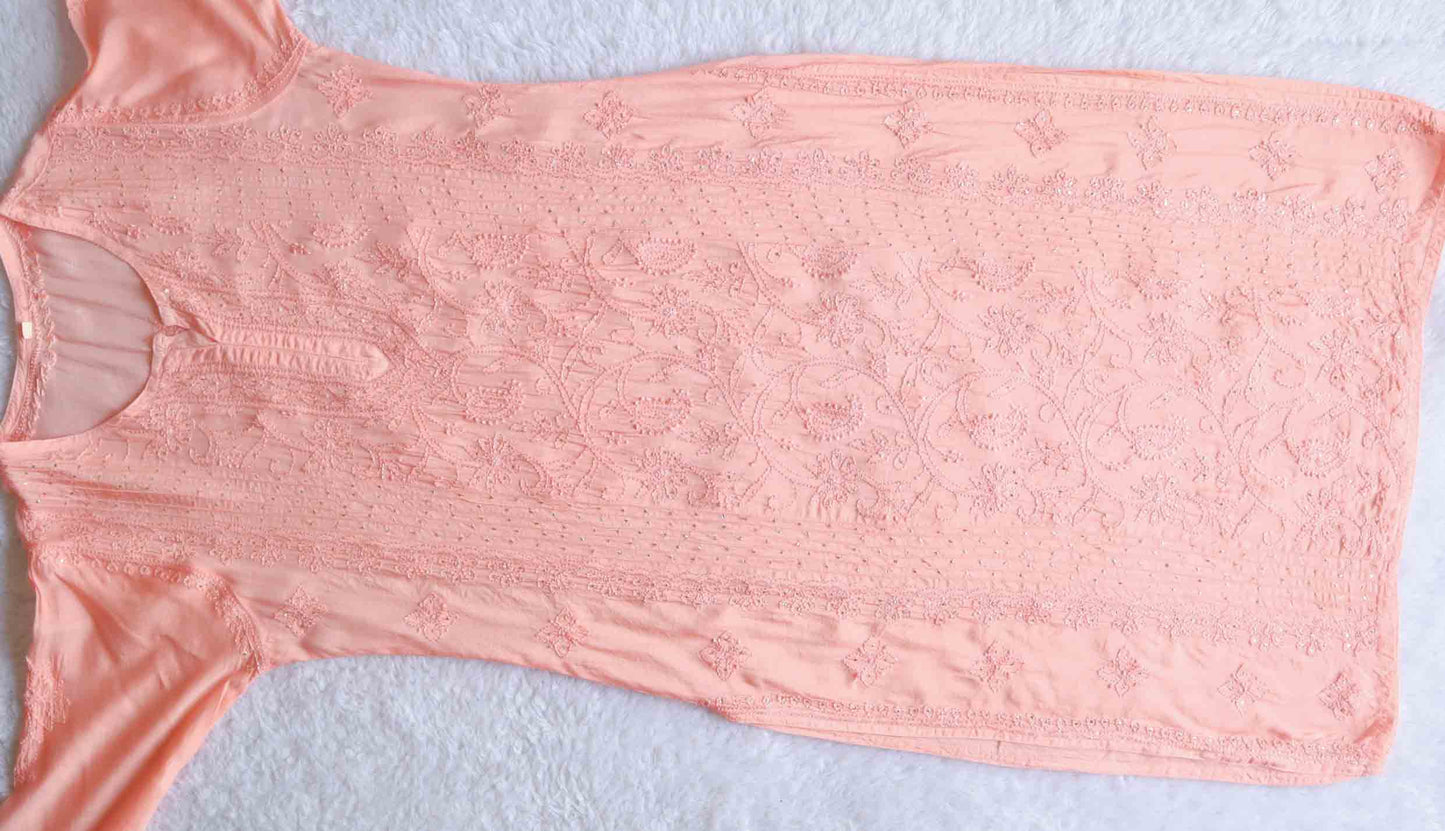 Peach Muslin Mukaish Panel Kurta