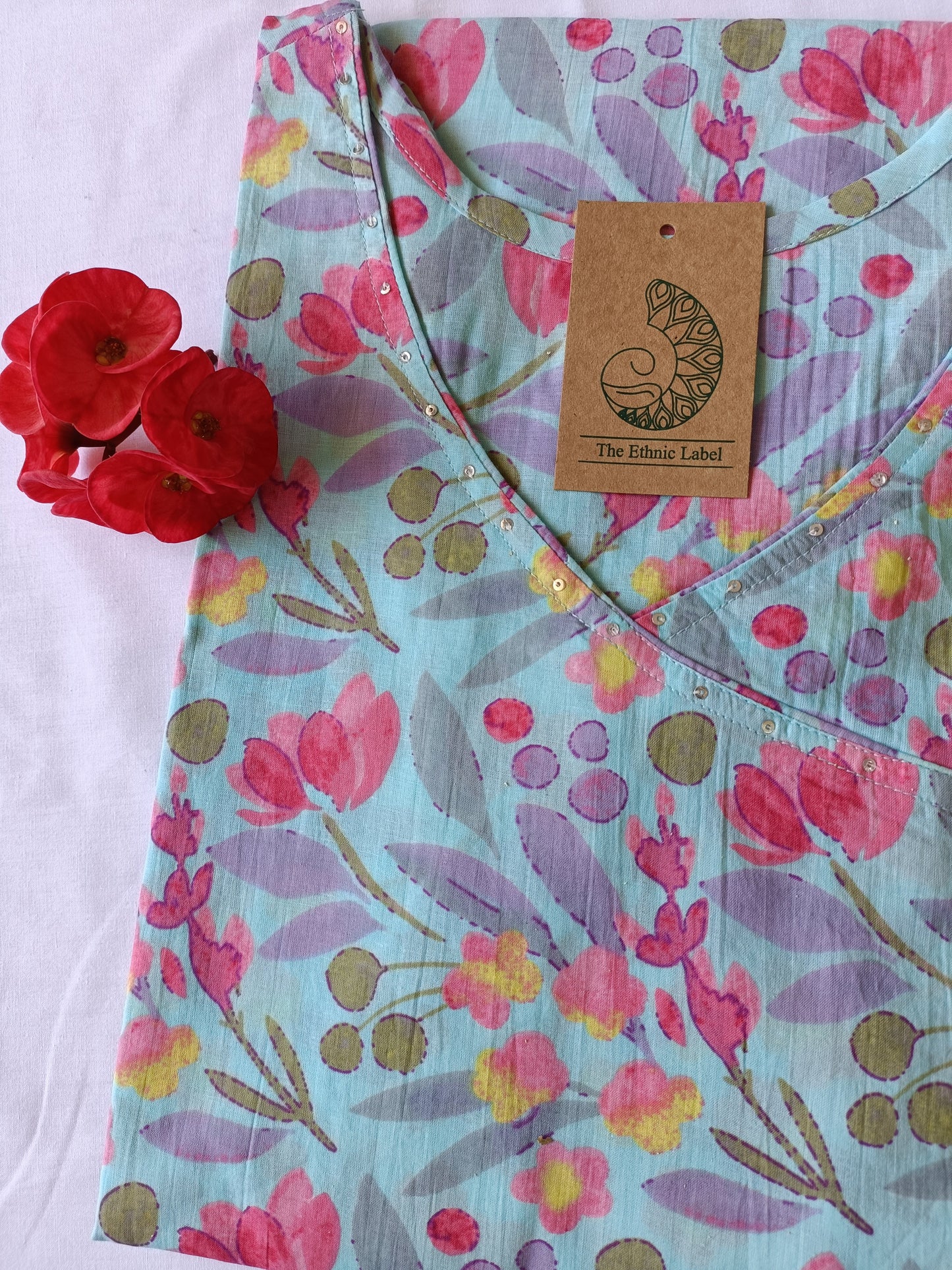 Blue Pink Jaal Angrakha Cotton Kurta - S