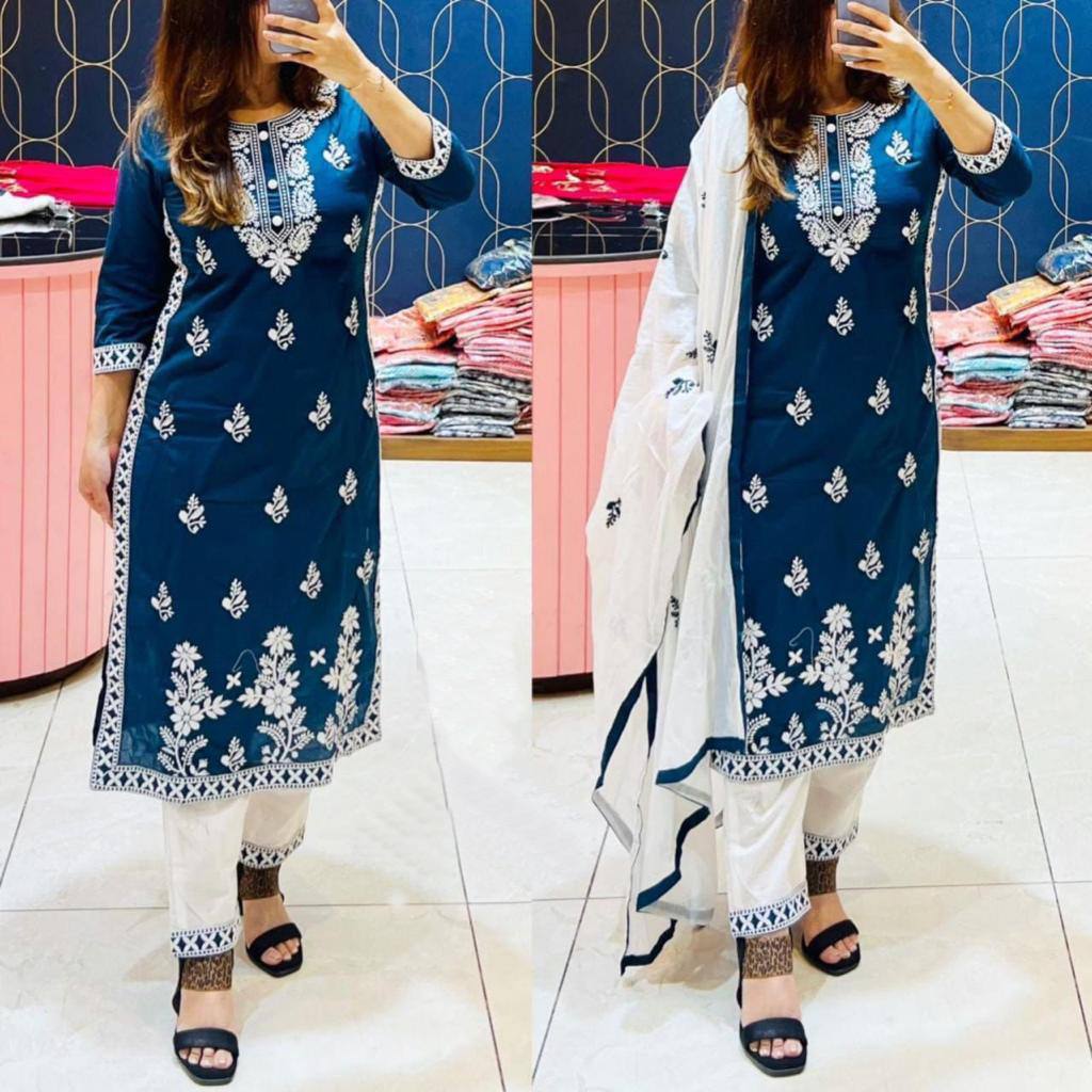 Exclusive Chikankari Kurti_Pant Set With Dupatta (Dark Blue)06
