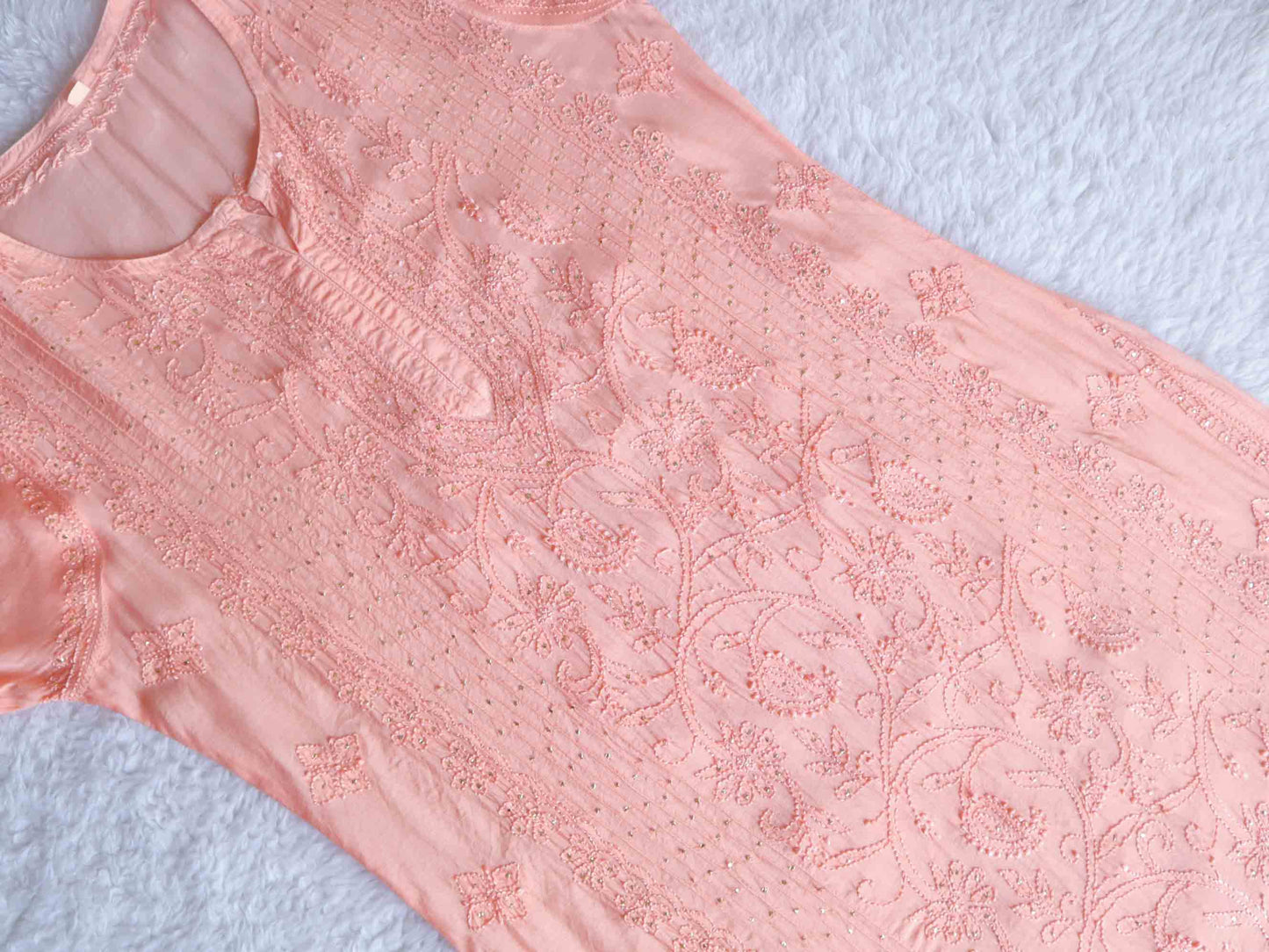 Peach Muslin Mukaish Panel Kurta