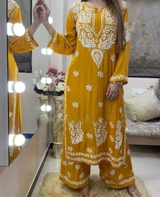 Rayon Chain Stitch work Chikankari Kurti