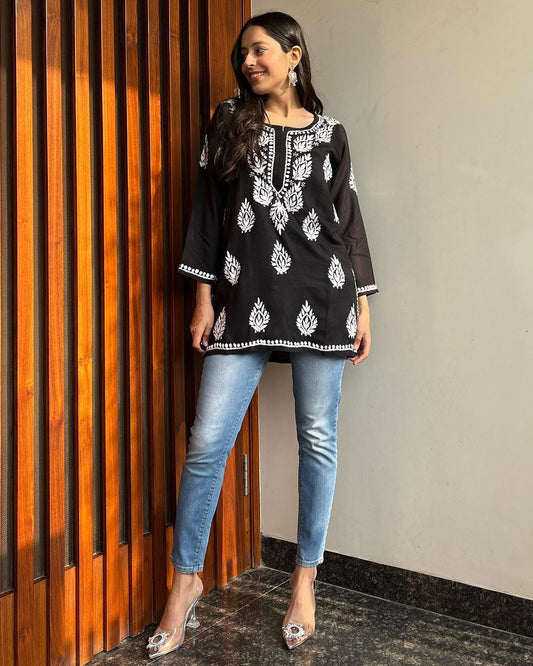 Women Chikan Embroidery Cotton A-line Kurta  (Black) 42