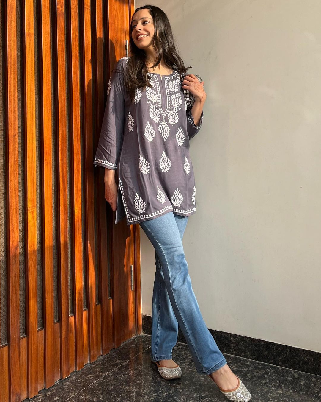 Women Chikan Embroidery Cotton A-line Kurta (Greay) 43