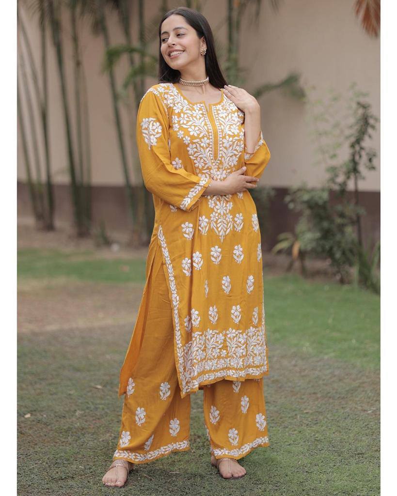 New Chikankari Exclusive Kurti_Pent Pair Design(Yellow) 33