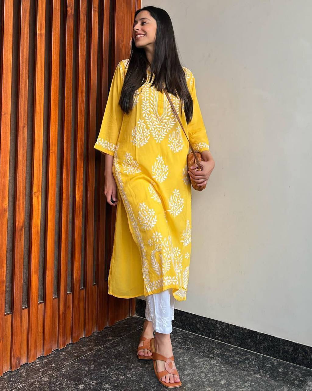 WOMEN CHIKAN EMBROIDERY Kurti_Pent Pair Design (Yellow)60
