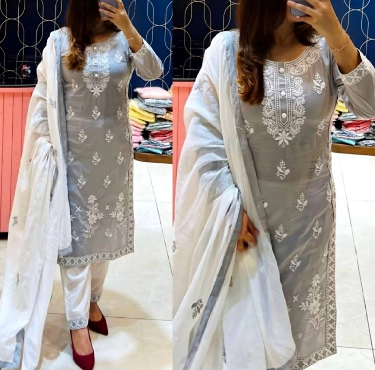 Exclusive Chikankari Kurti_Pant Set With Dupatta (Greay )07