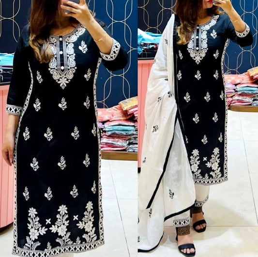 Exclusive Chikankari Kurti_Pant Set With Dupatta (Black )04