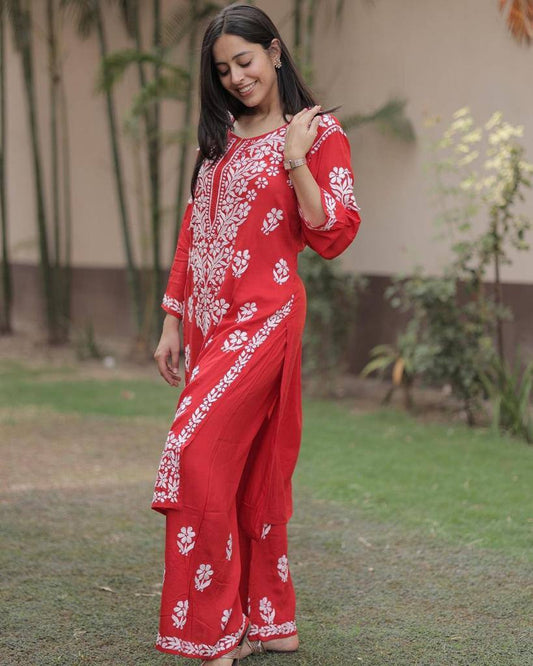 New Chikankari Exclusive Kurti_Pent Pair Design(Red)31
